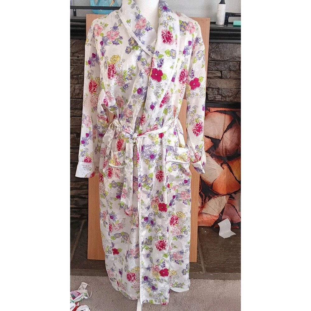 Victorias Secret Satin Robe Vintage 90s Sz P/S‎ Gold Label Floral Belted